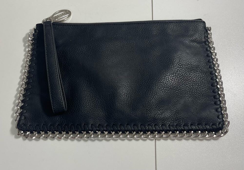 Carlos Santana Black Soft Leather & Silver Chain Edge Clutch Wristlet Retro